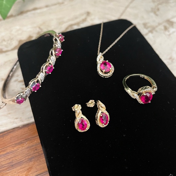 Genuine Ruby Vermeil Necklace, Bracelet, Earring, and Ring Set - Picture 3 of 14